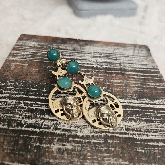 Ancient Chinese Zhou armor Warrior Samurai Japan Gold Tone Jade Stone Earrings - Picture 7 of 12